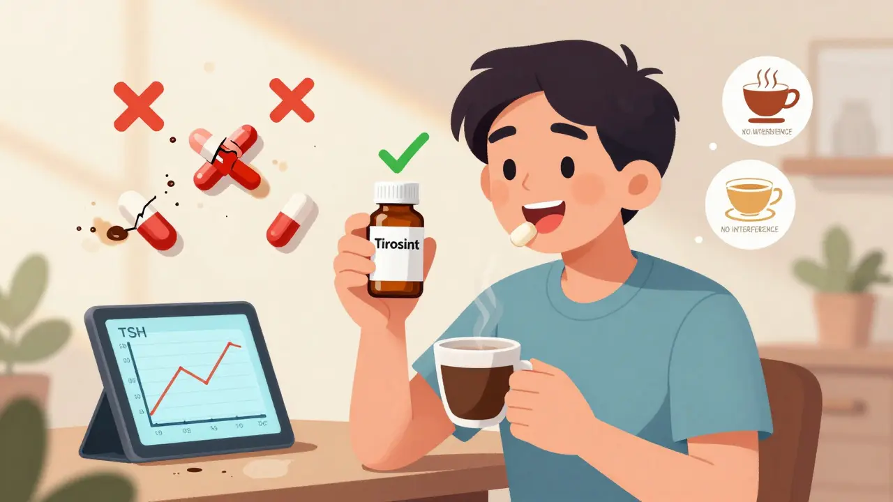 Person happily drinking coffee after taking liquid thyroid medication, with failed tablet attempts in background.