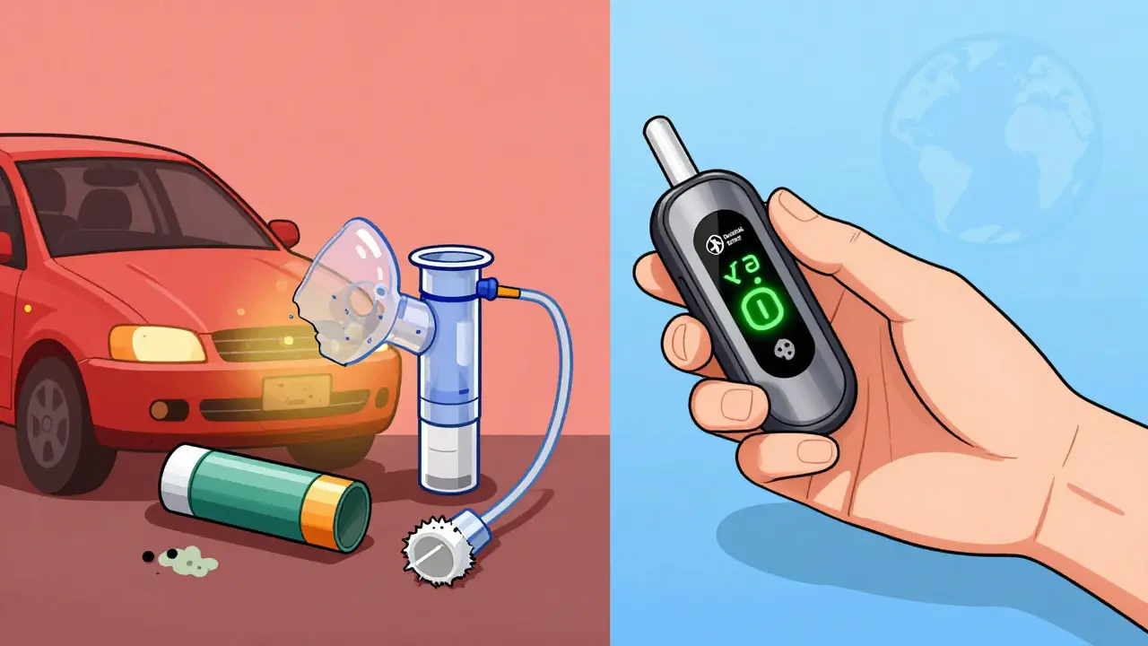 Person holding smart inhaler case with green temperature light, contrasting with ruined meds in shadows.