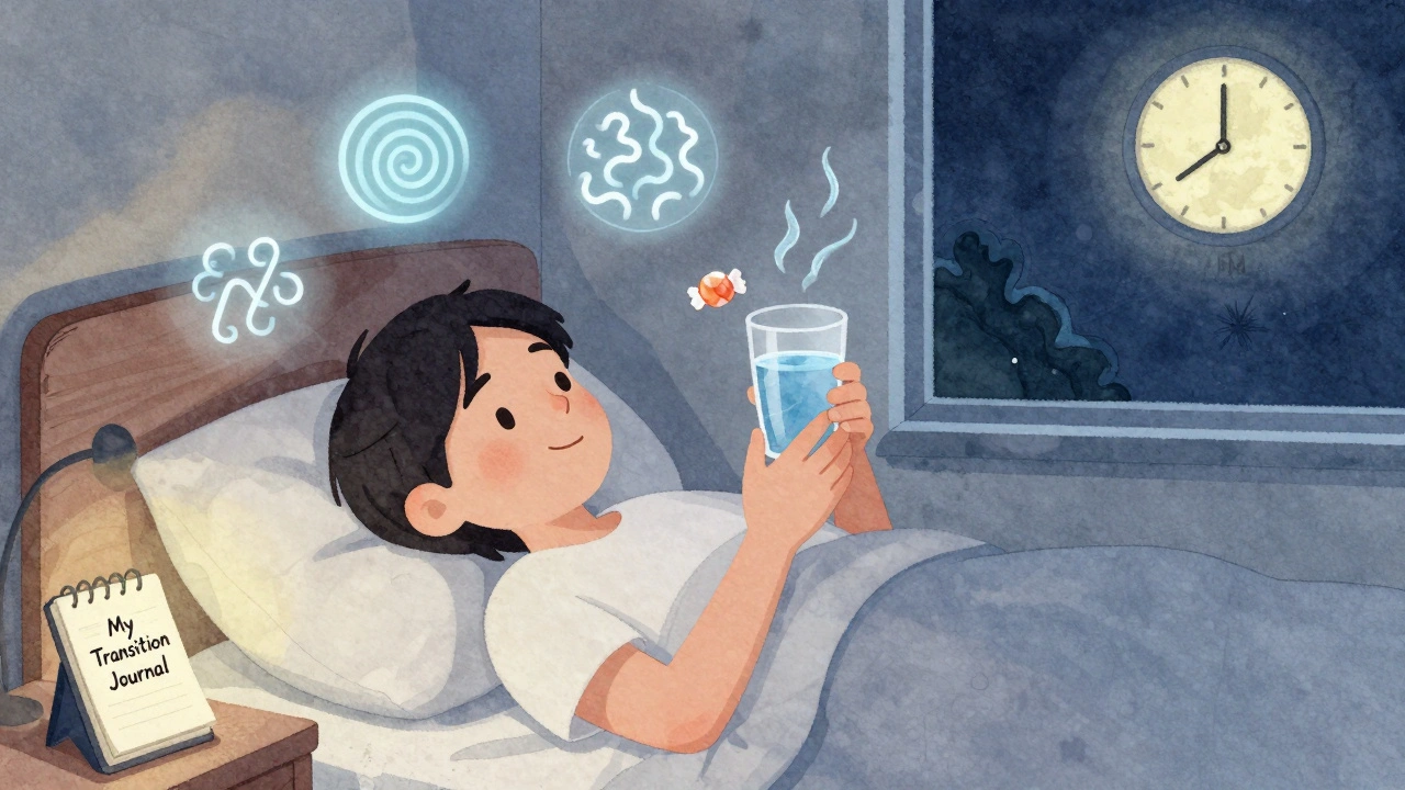 Person in bed at night surrounded by side effect symbols, holding water and candy, with a journal nearby.