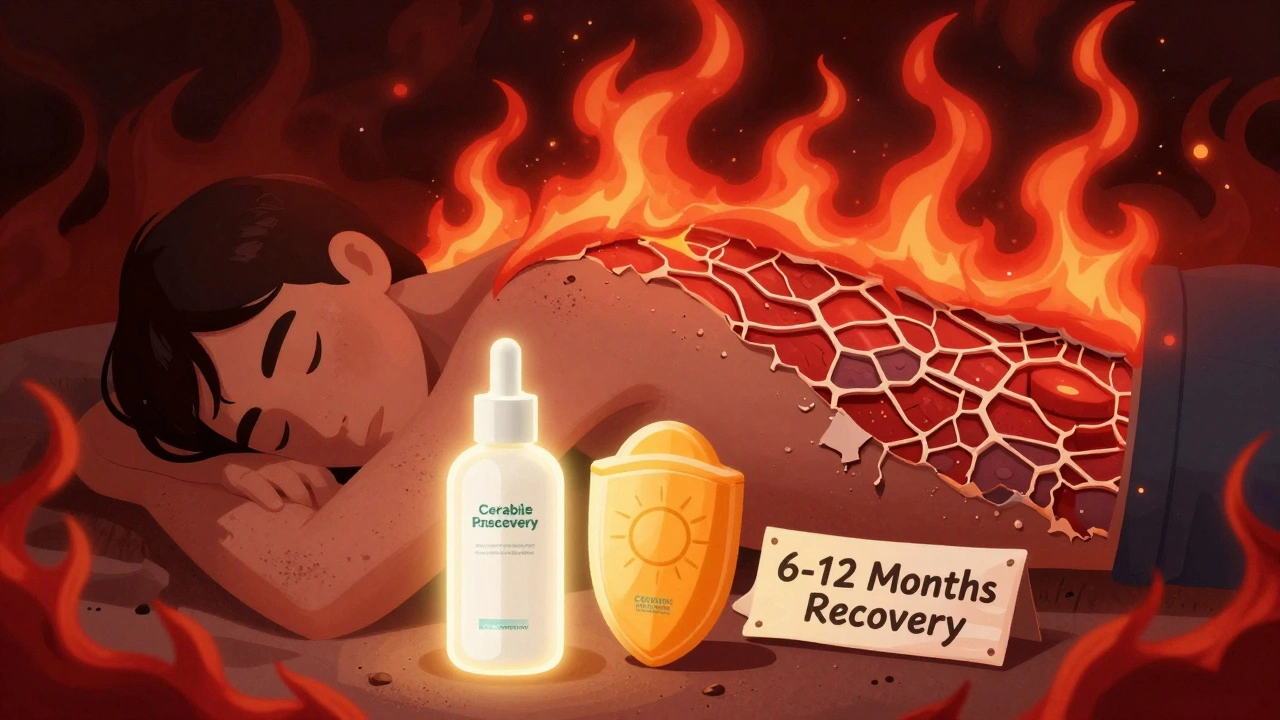 Person in steroid withdrawal surrounded by red inflammation, with barrier cream and sunblock as healing symbols.