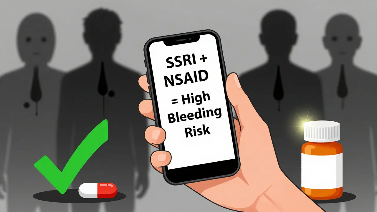 Person receiving medical alert on phone about drug interaction, with safer alternatives glowing in foreground.