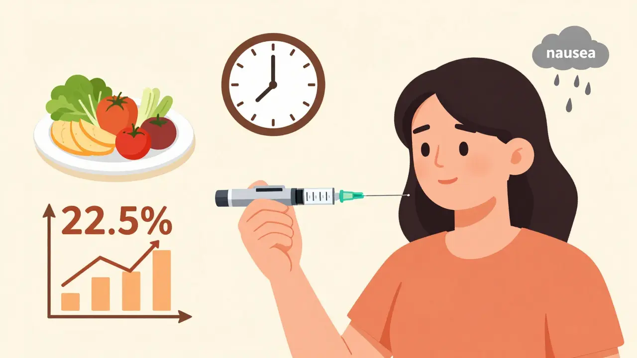 Person receiving weekly injection with icons of weight loss, slow dosing, and fading side effects.