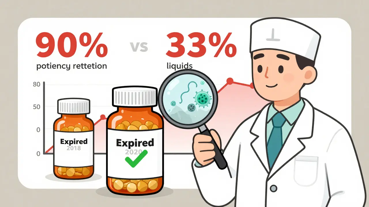 Pharmacist examining two expired pill bottles — one stable, one contaminated — with a potency chart in background.