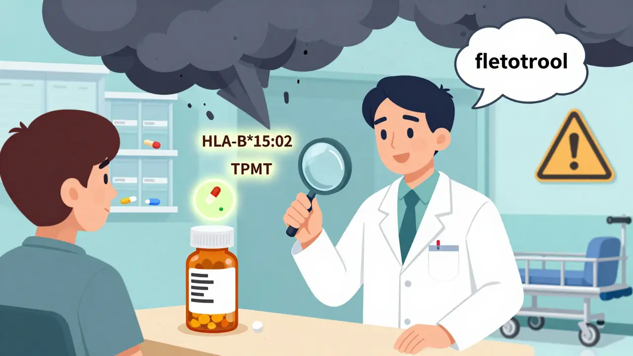 Pharmacist using magnifying glass over prescription with floating genetic risk markers and drug interaction storms.