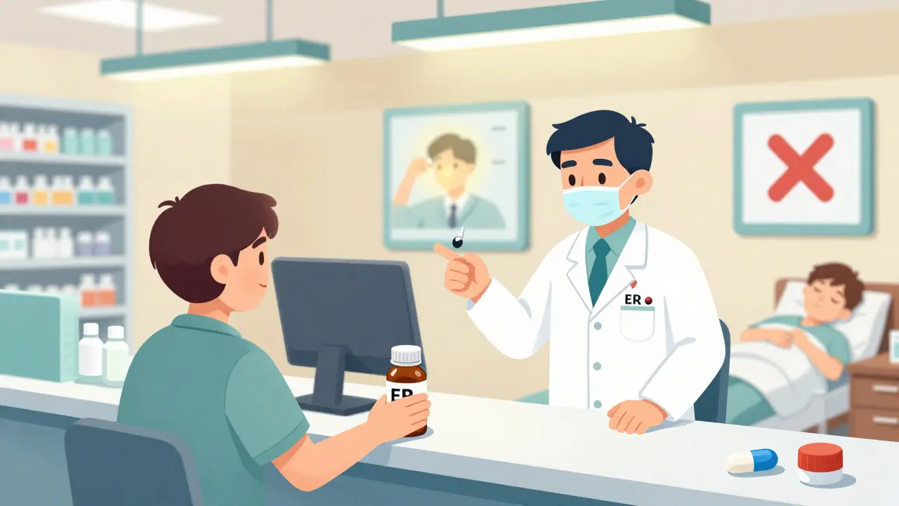 Pharmacist warning patient about crushing ER pills, with contrasting scenes of proper IR and ER use in background.