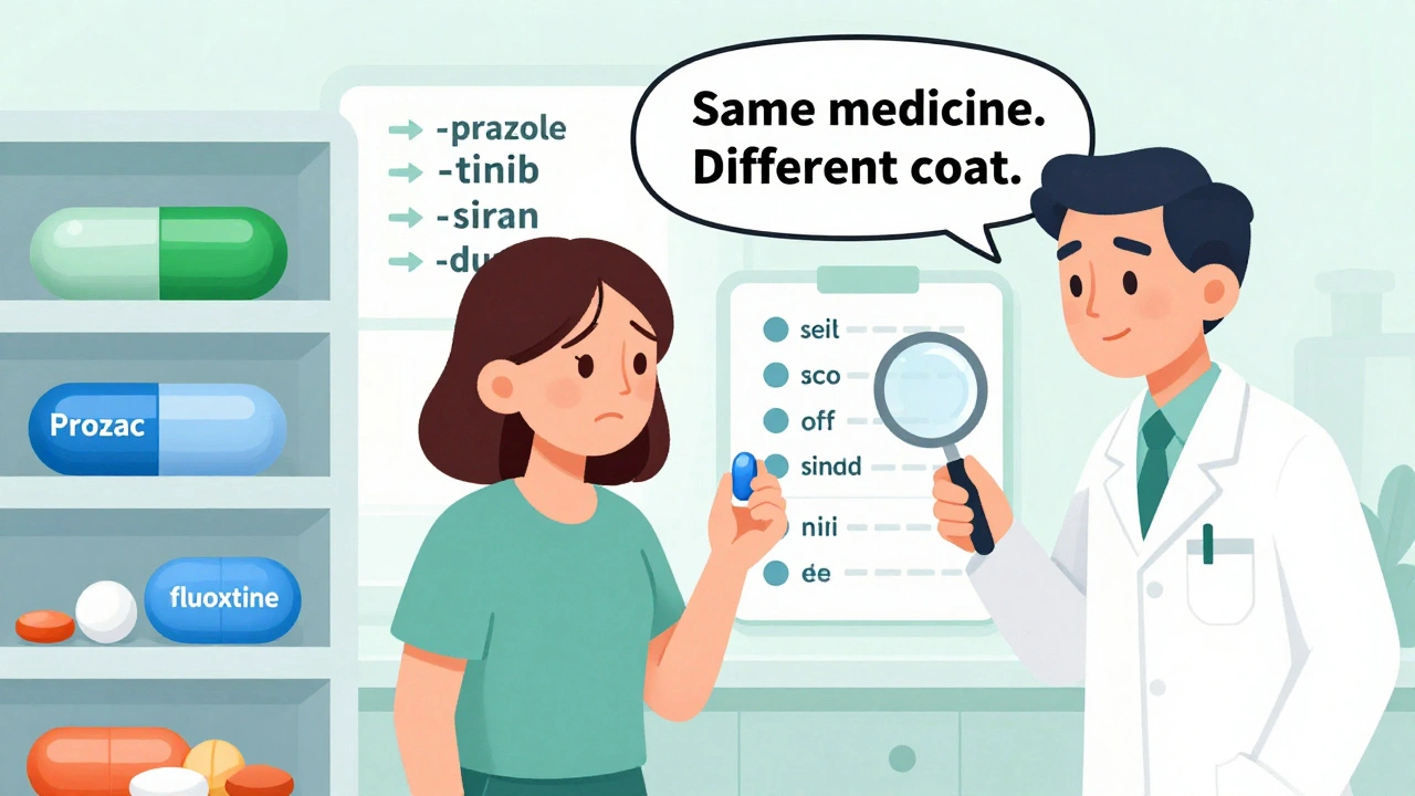 Pharmacy shelf showing brand and generic pills in different shapes with pharmacist explaining they contain the same medicine.