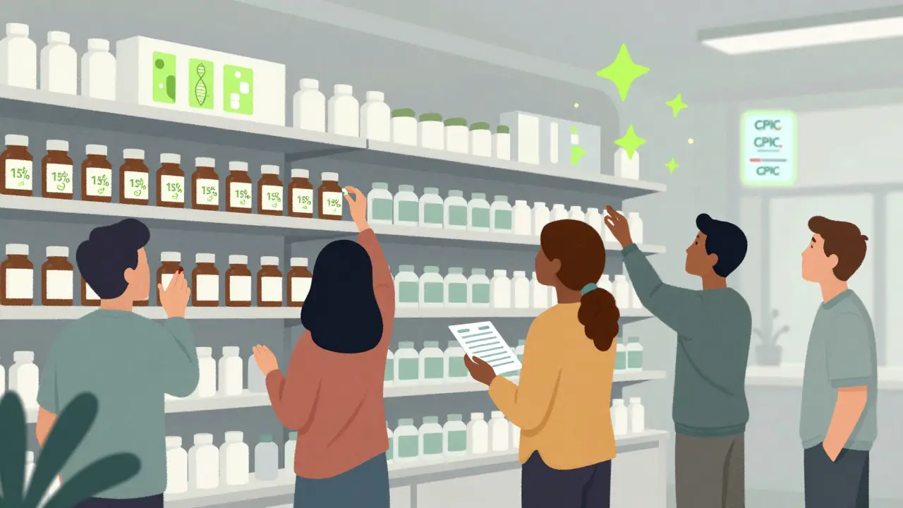 Pharmacy shelf with mostly unlabeled pills, one patient holding genetic test as AI guidelines glow above.