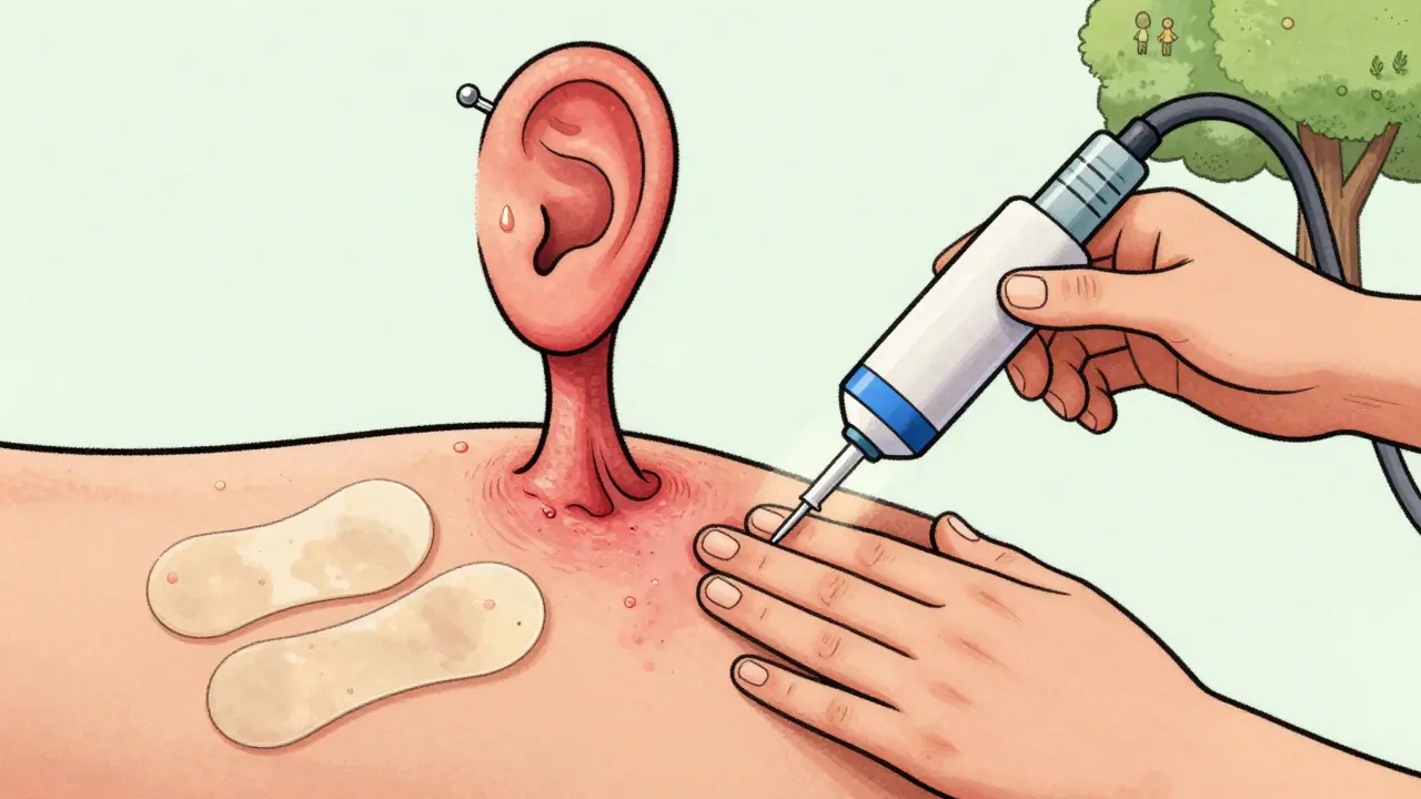 Raised keloid scar being treated with silicone sheets and injections, with a family tree in the background indicating genetic risk.
