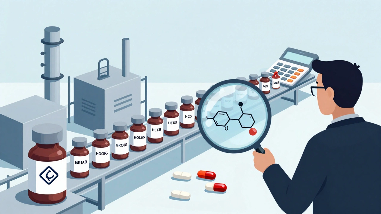 Same pharmaceutical factory producing both branded and plain-labeled generic pills side by side.