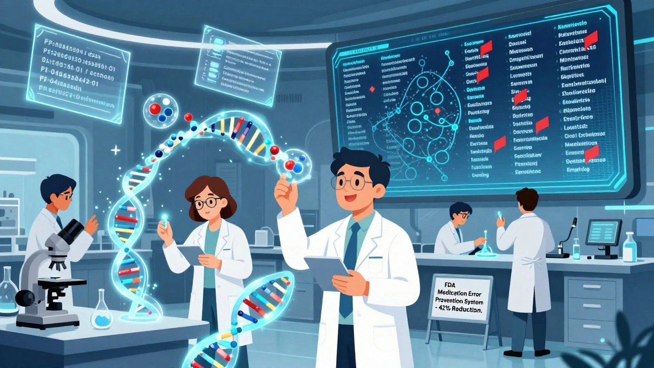 Scientists in a lab with holographic drug codes and AI scanning names to prevent medication errors.