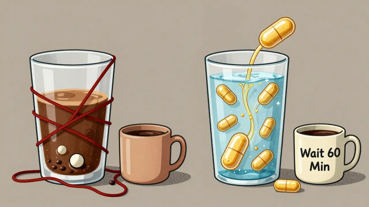 Side-by-side comparison: tablet blocked by coffee vs. liquid capsule absorbing freely with clean golden flow.