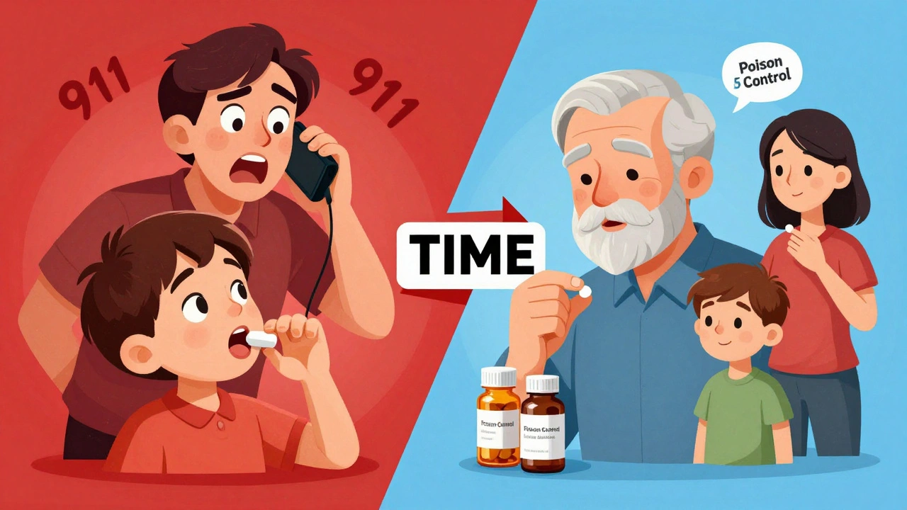 Split scene: child swallowing pill with 911 call on one side, elderly man taking extra pill with Poison Control call on the other.
