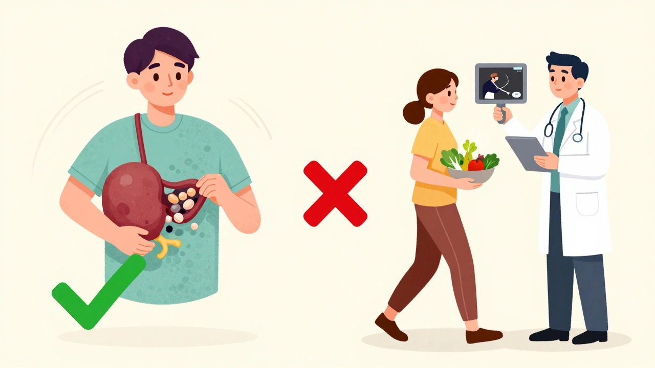 Split scene showing healthy habits versus neglect while on fenofibrate, with clean gallbladder versus stone-filled one.