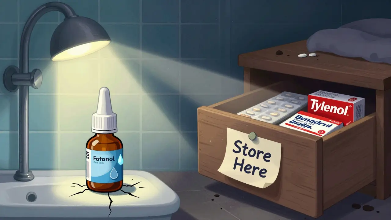 Split scene: steamy bathroom with damaged eye drops vs. cool drawer with stable pills.
