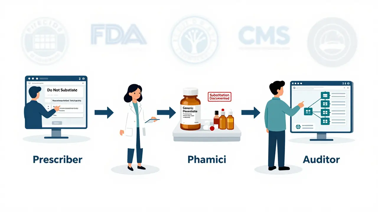 Timeline of generic substitution process from prescription to audit with blockchain elements.