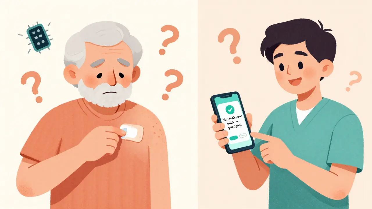 Two patients: one struggling with a patch, another happily receiving adherence encouragement.