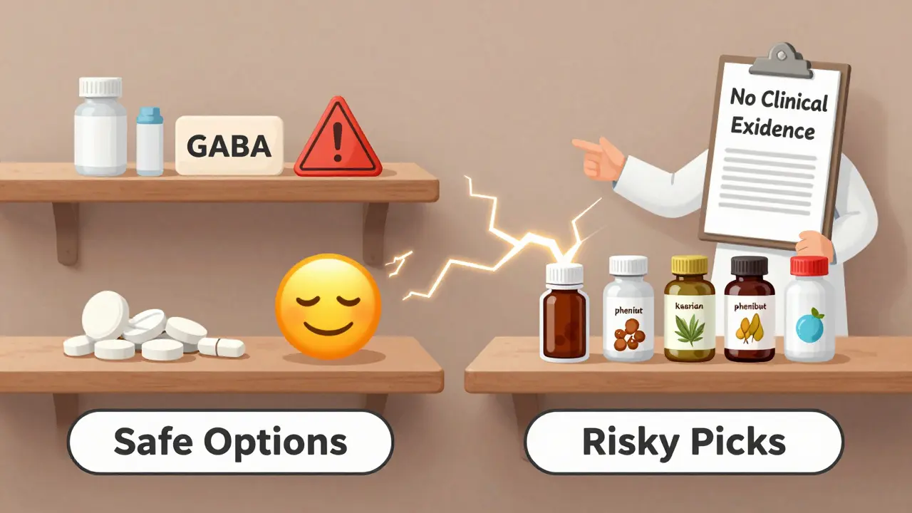 Two shelves: safe GABA supplements vs risky herbal alternatives near sedatives, with warning signs.