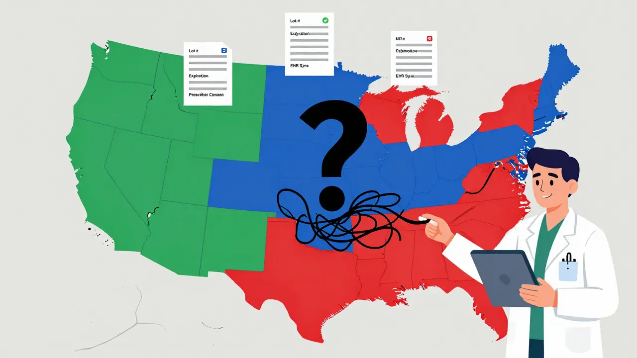US map showing state-by-state laws for generic drug substitution with icons.