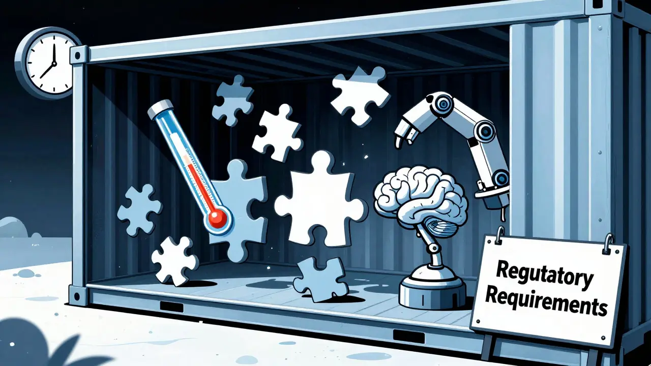 A cold chain container with a fragmented puzzle of manufacturing elements, some pieces missing, under a ticking clock.