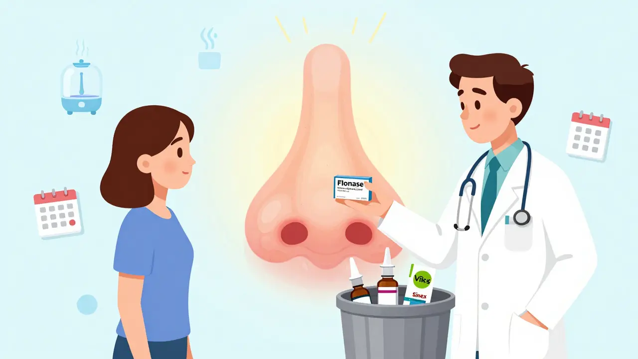 A doctor gives a patient Flonase while empty decongestant bottles are thrown away, symbolizing recovery.