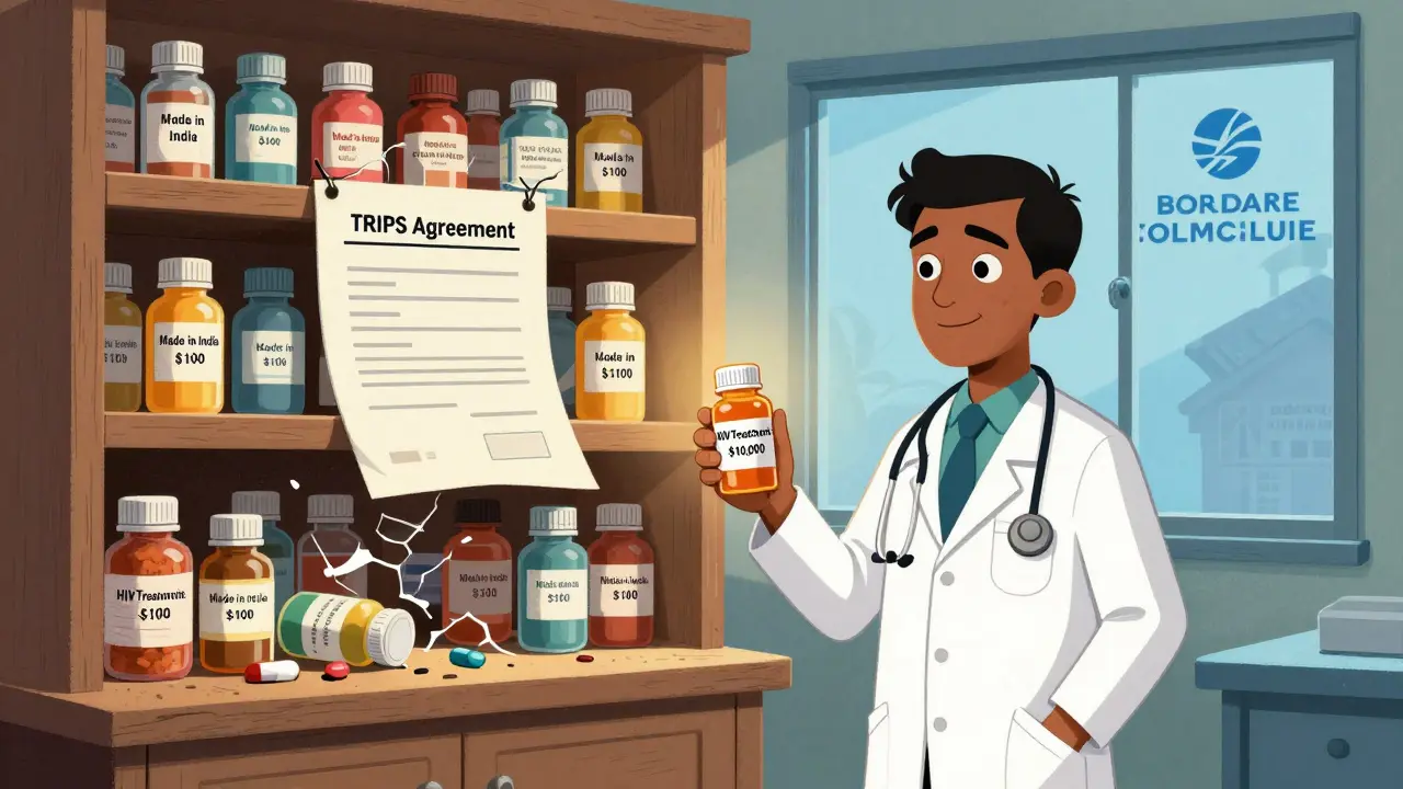 A doctor in an African clinic holds an expensive pill bottle as cheap generics are locked away behind a TRIPS Agreement document.