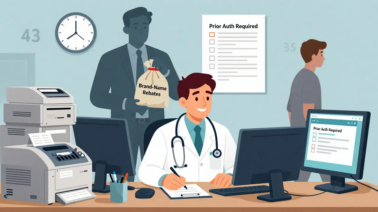 A doctor overwhelmed by prior authorization requests while a shadowy figure profits from brand-name rebates.