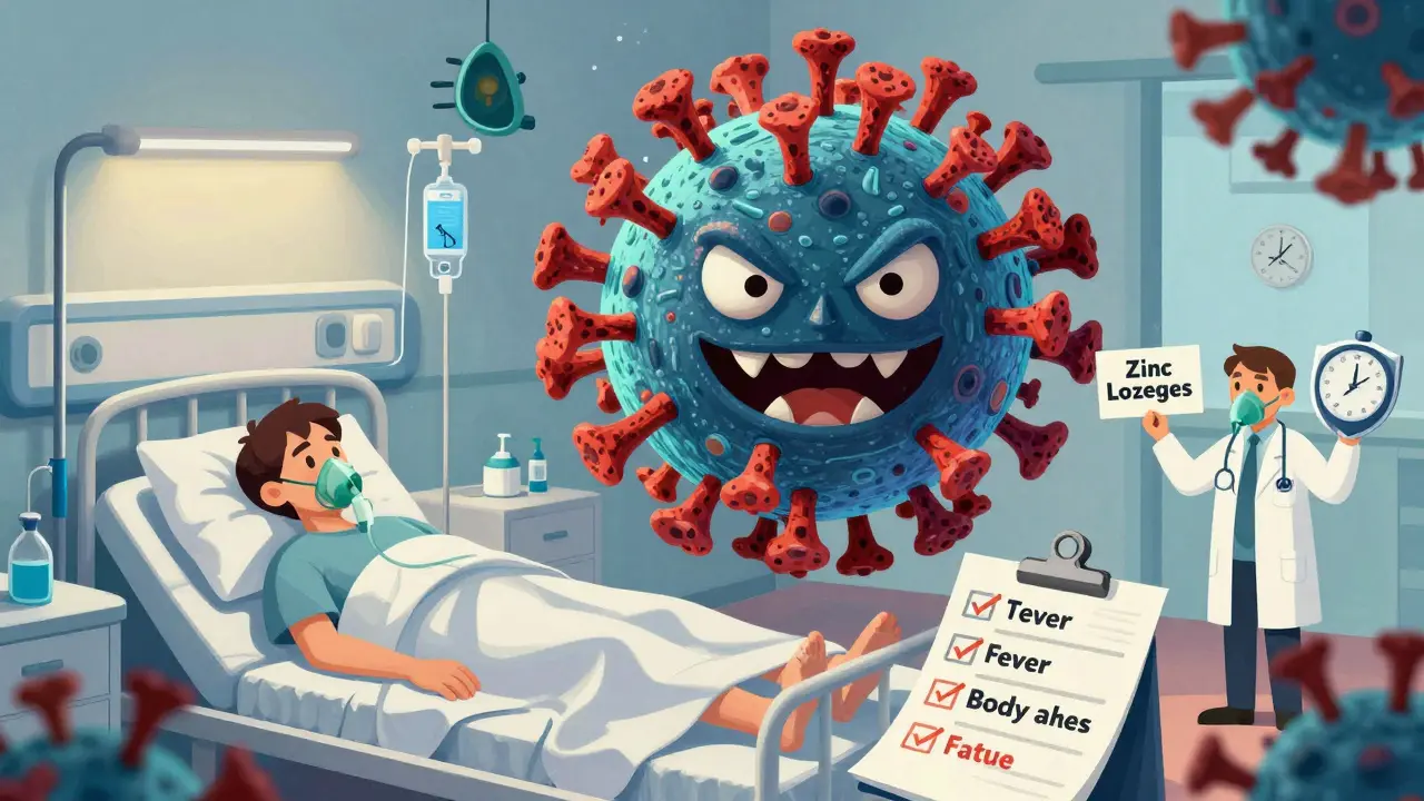 A menacing flu virus overshadowing a hospital, with medical signs and a ticking clock emphasizing urgency.
