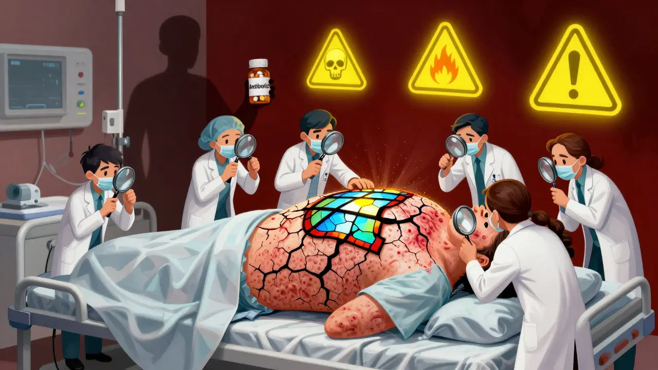 A person with a severe skin rash, medical figures examining it, and warning symbols in the background.