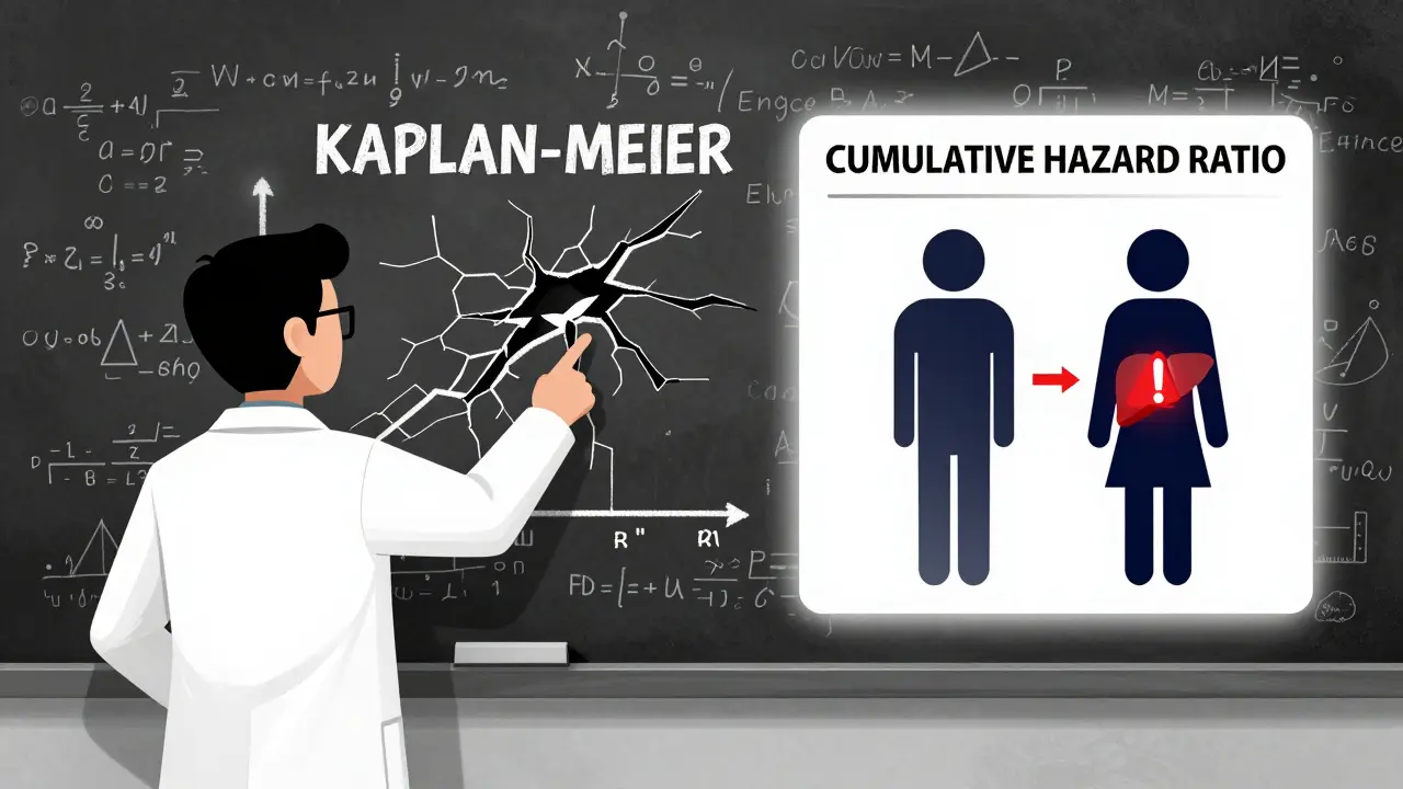A researcher beside a crumbling Kaplan-Meier graph and a glowing cumulative hazard chart, showing competing risks.