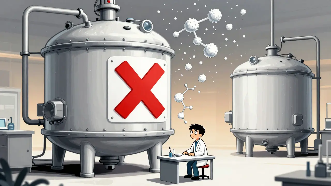 A scientist faces a failed biosimilar batch as sugar molecules drift away, contrasted with a perfect small-scale version.