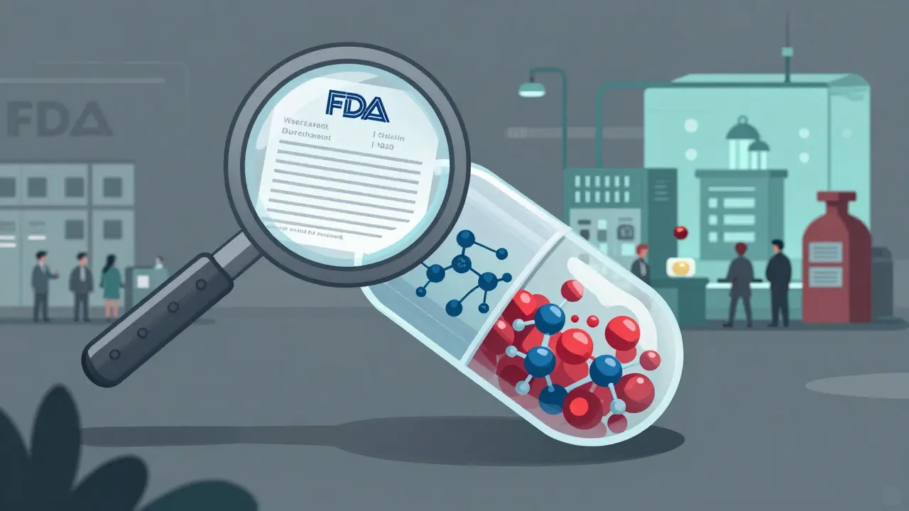 A transparent generic pill revealing its intricate manufacturing and quality control processes under scrutiny.