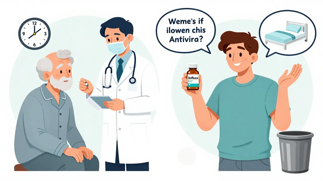 An elderly patient receiving antiviral medication as a clock counts down, versus a young adult discarding an expensive pill.