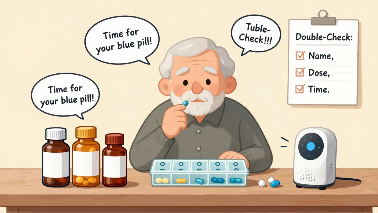 An elderly person with multiple pill bottles and a labeled organizer, aided by a voice assistant reminding them of their medication schedule.