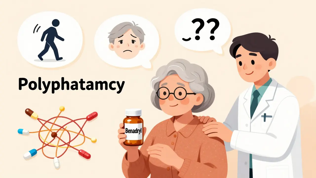 An elderly woman with thought bubbles showing confusion and falls, surrounded by tangled medication bottles.