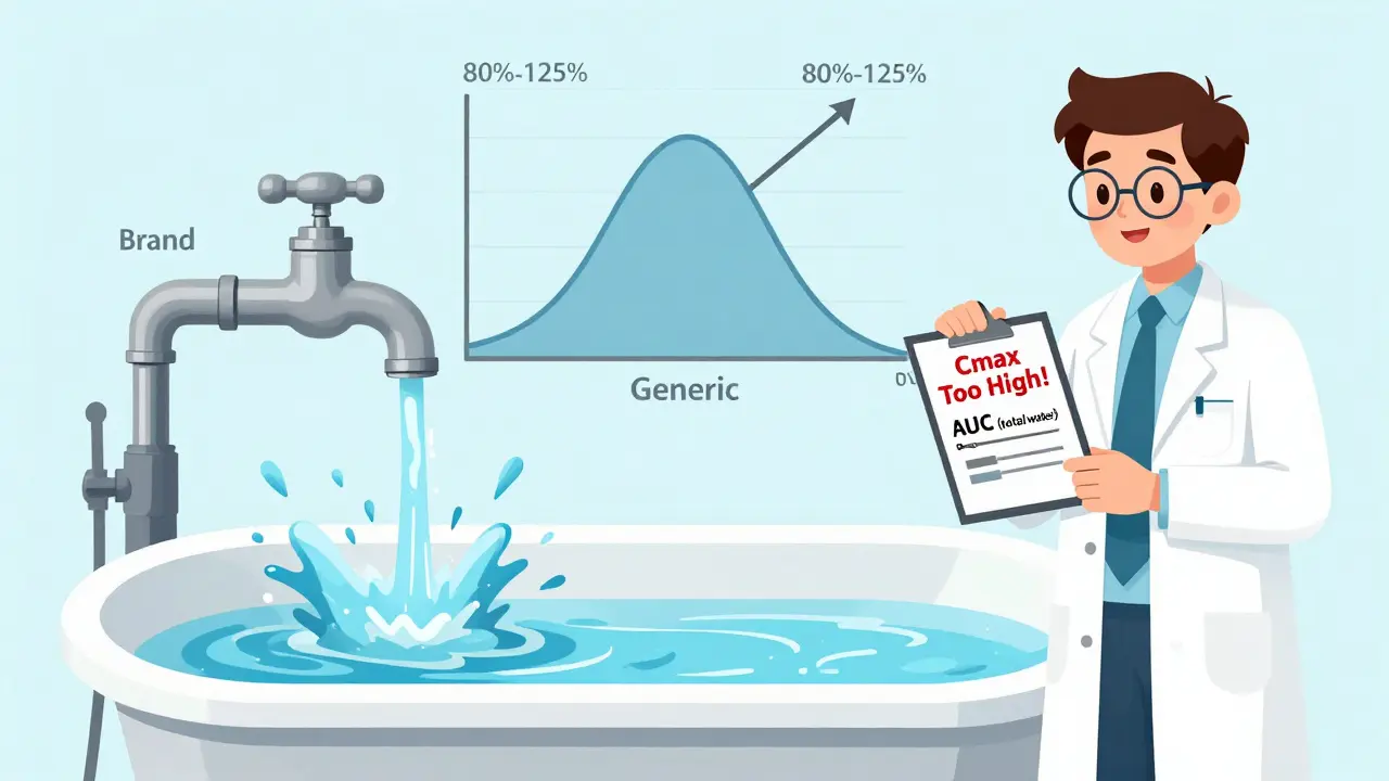 Bathtub filling with water from two faucets—slow drip vs. sudden burst—symbolizing different drug absorption patterns with equal total volume.