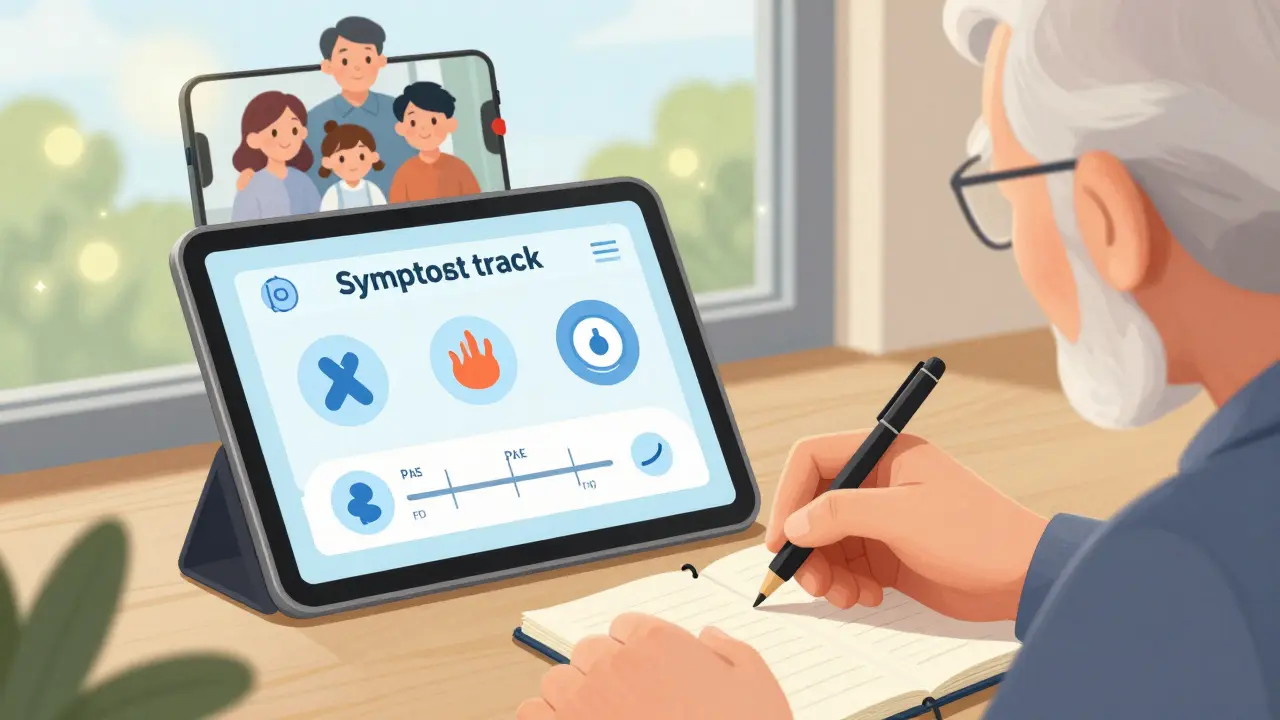 Digital symptom tracker on a tablet beside an elderly person writing in a notebook, with family on video call.