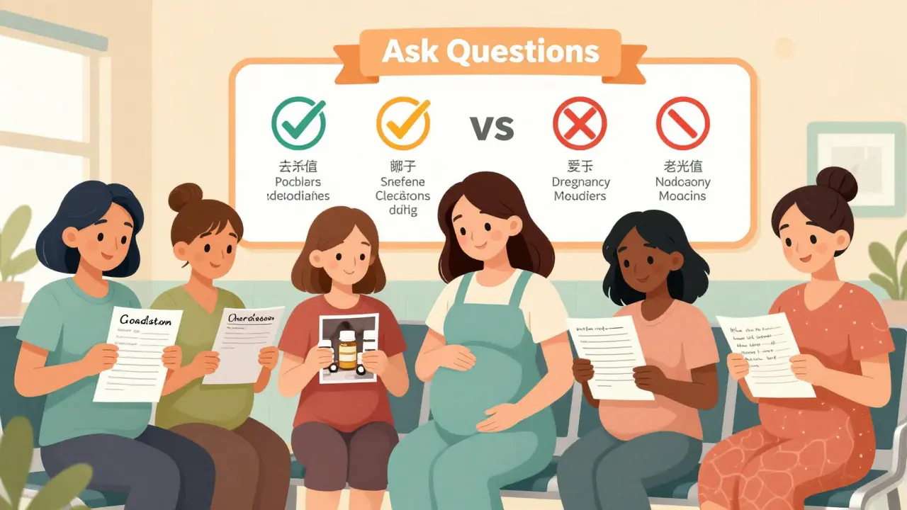 Diverse pregnant people in a clinic waiting room with medication lists and a safety infographic wall.