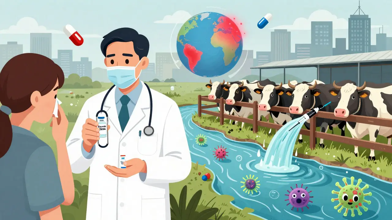 Doctor refusing antibiotics for a virus while farm runoff spreads resistant bacteria to a city.