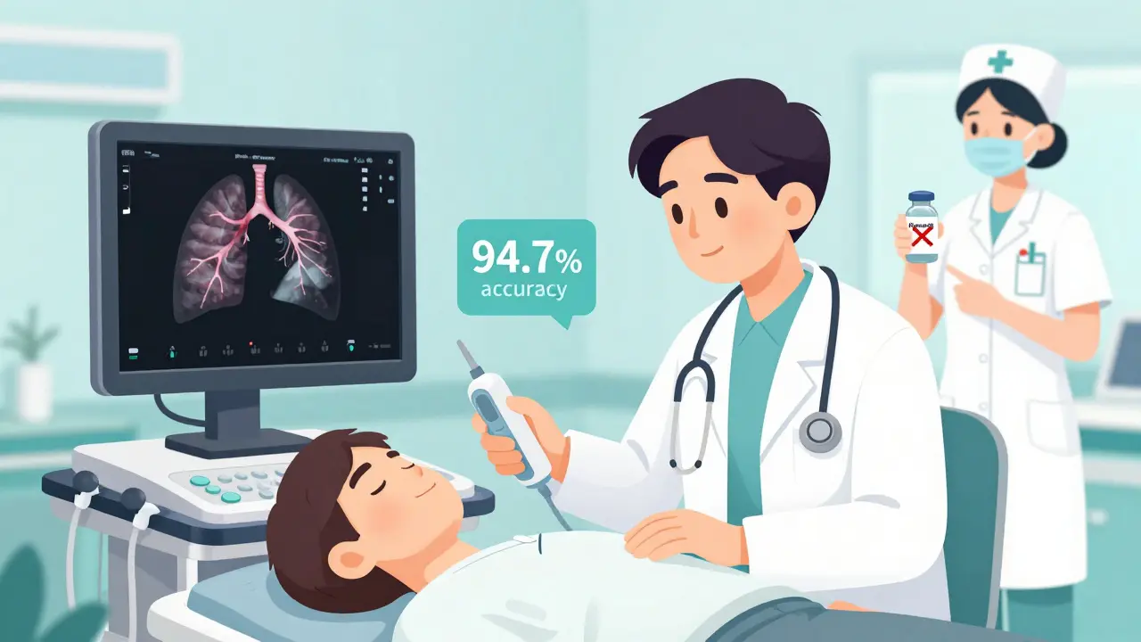 Doctor using ultrasound to monitor lung function in overdose patient, flumazenil vial marked with X.