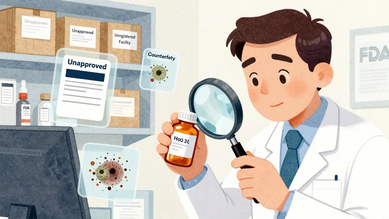 FDA inspector examining a pill bottle under a magnifying glass, with hidden dangers like toxins and fake labels visible.