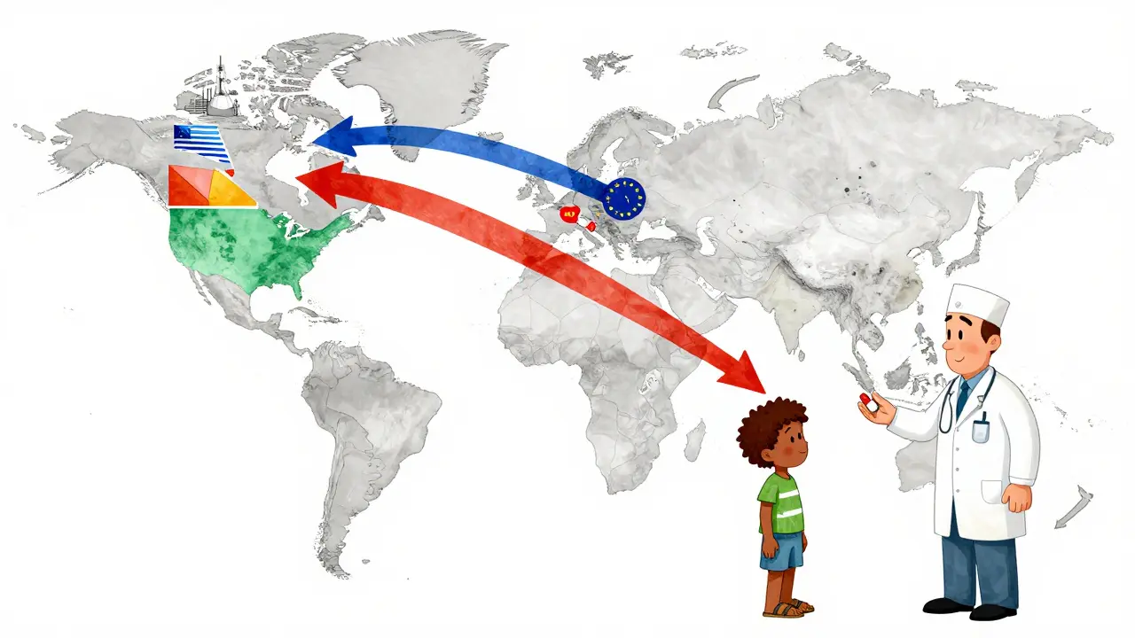 Global supply chain map showing drug production flows from Asia to the West, with emerging markets growing in size and importance.
