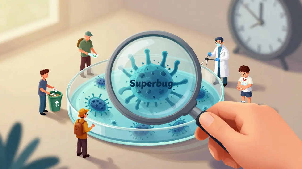 Hand with magnifying glass over superbug petri dish, surrounded by global actions to fight resistance.