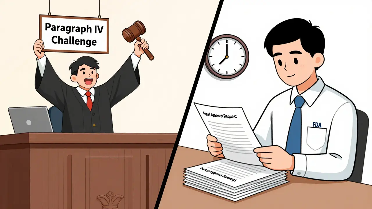 Lawyer winning court case on one side, FDA officer reviewing approval papers on the other.
