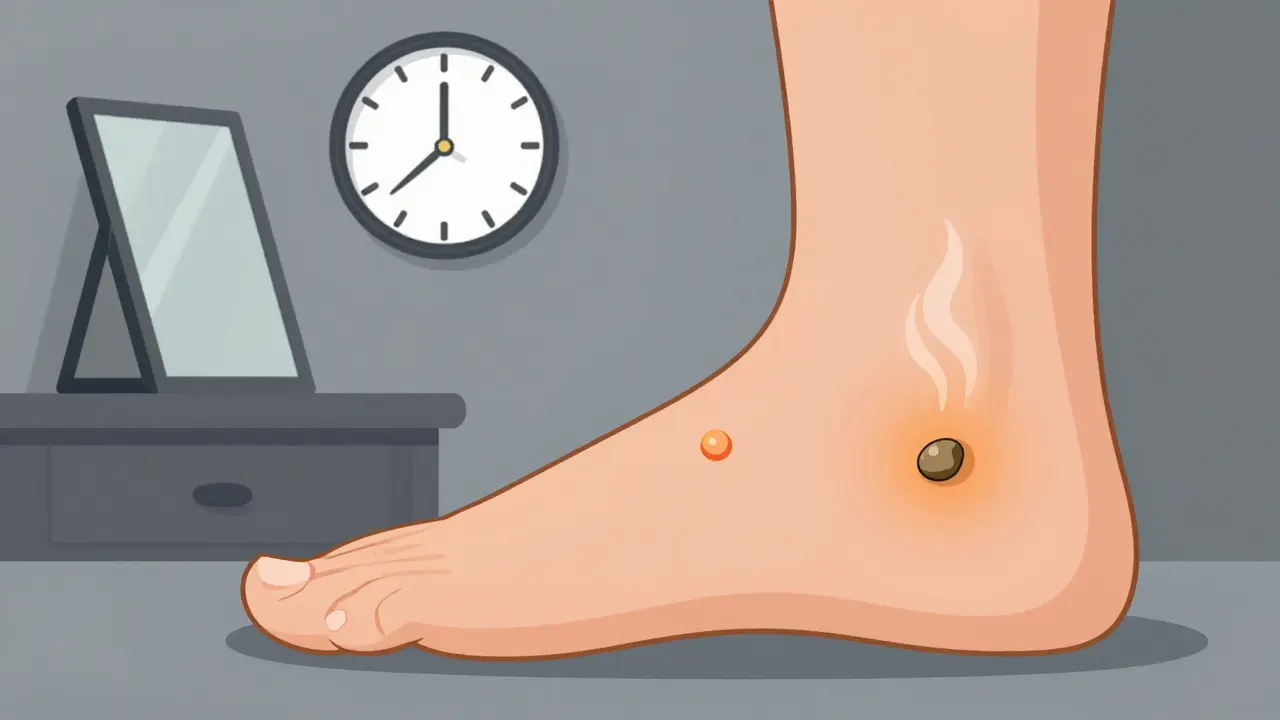 Magnified view of a diabetic foot showing warning signs like a blister and warmth, with a mirror and clock in background.