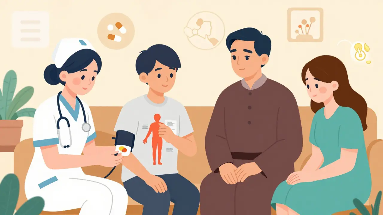 Palliative care team in a home setting assisting a patient with pain mapping and emotional support.