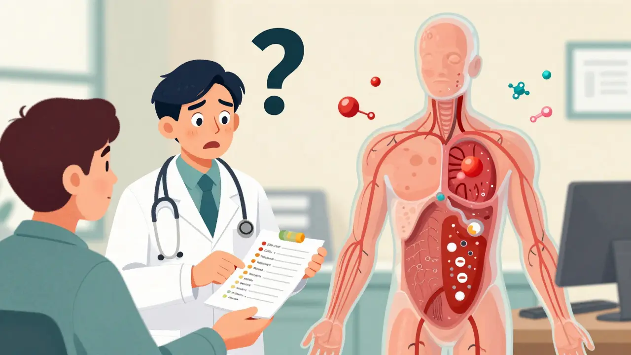 Patient giving medication list to doctor, with transparent body showing constricted blood vessels and fluid buildup.