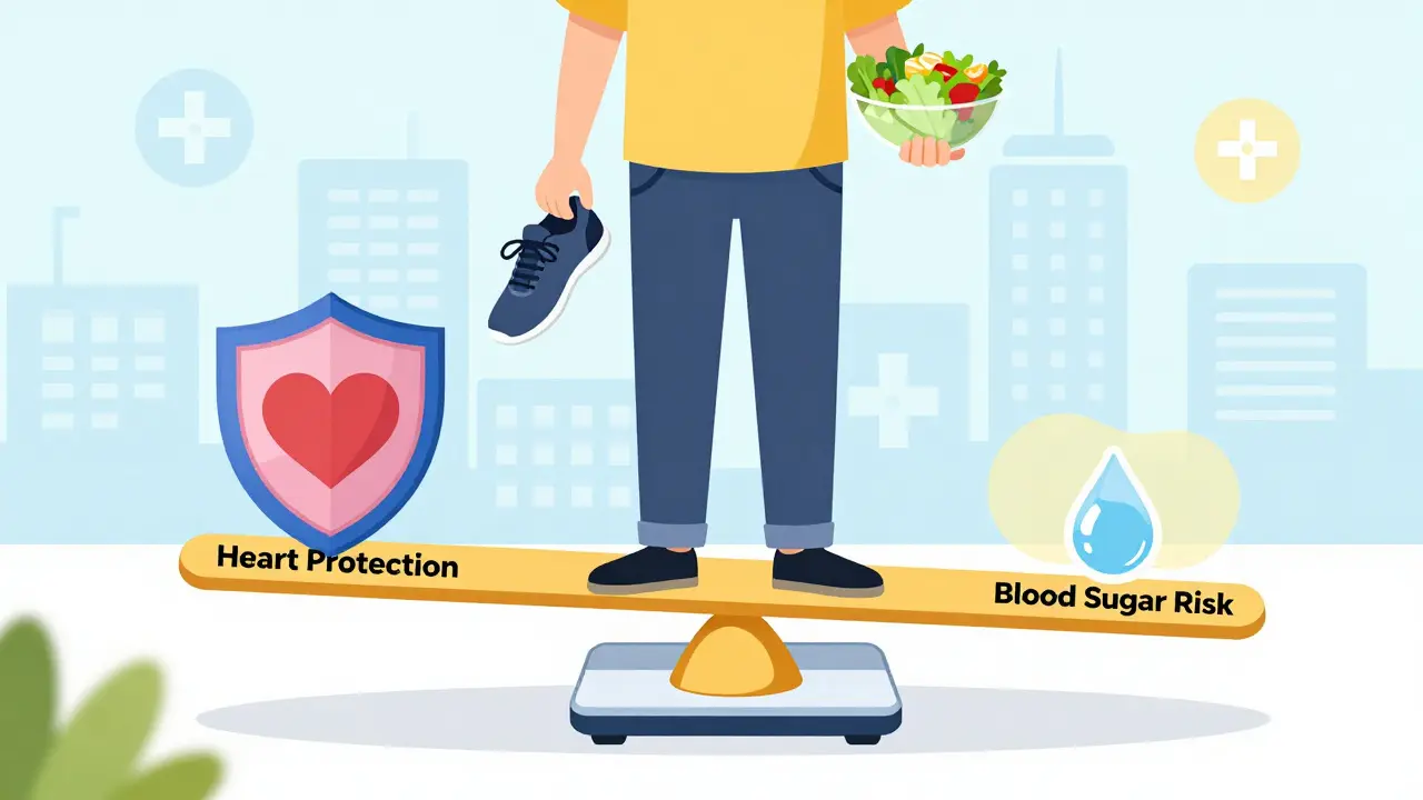 Person on a seesaw balancing heart protection against blood sugar risk, holding healthy food and shoes.