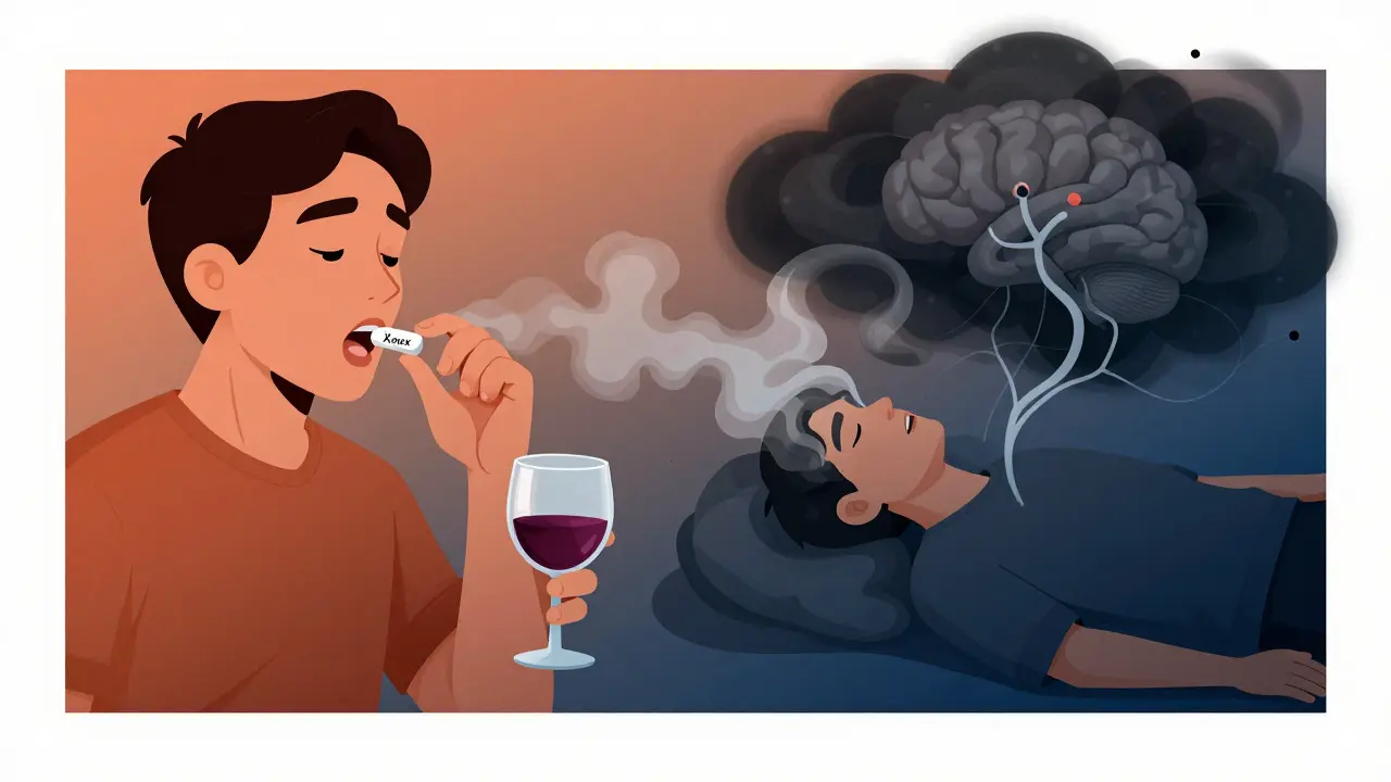 Person taking Xanax with alcohol, brain pathways dimming as sedative fog spreads.