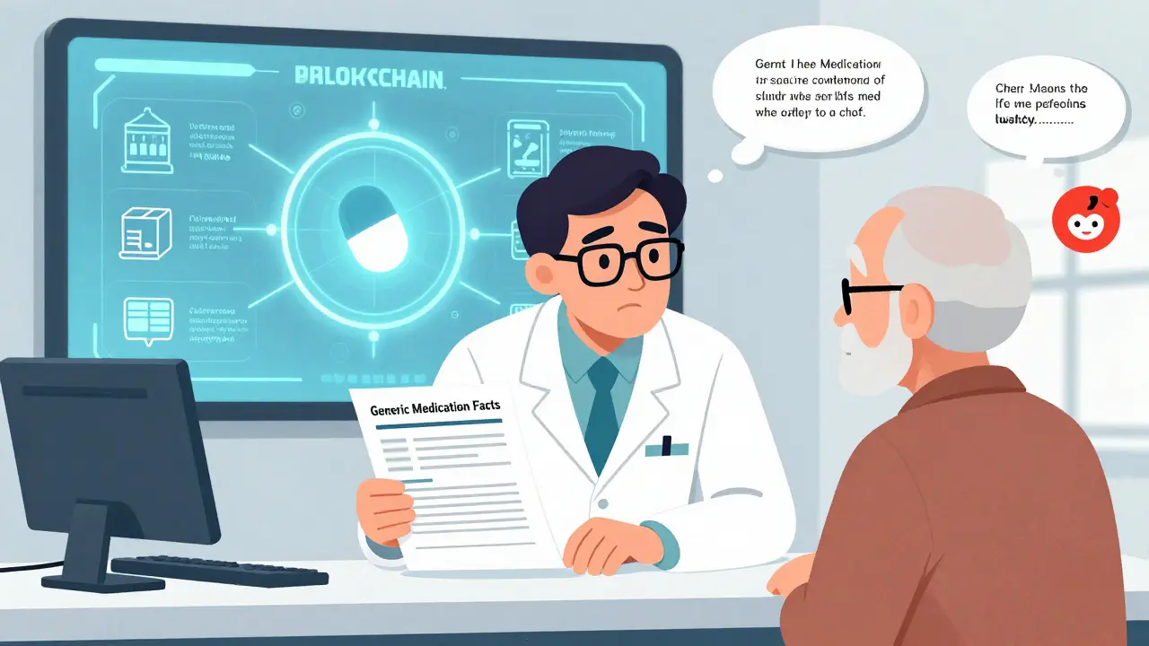 Pharmacist giving a patient a fact sheet about generics, with blockchain tracking the pill’s journey.