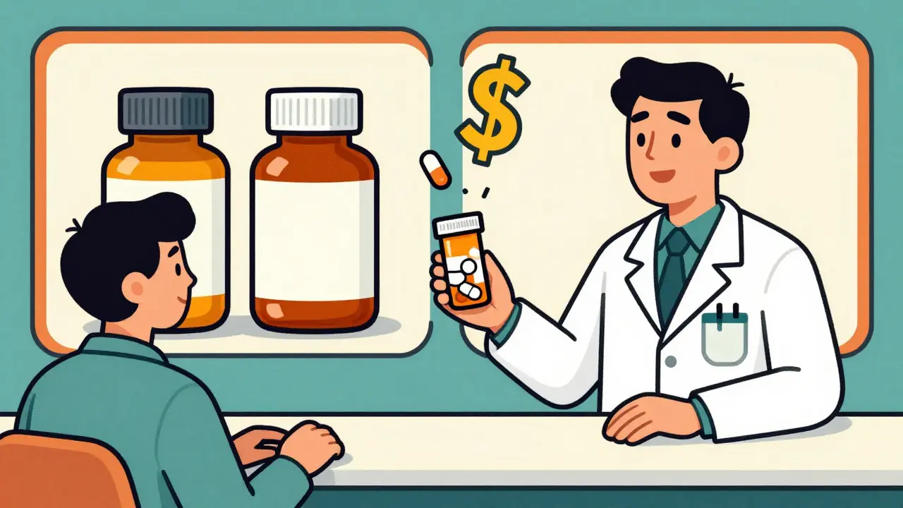 Pharmacist giving a single pill bottle as two separate pills cost less than the combo on a split-screen display.